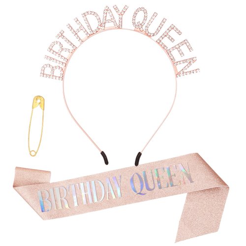 TIESOME Birthday Crown for Women Birthday Sash, Glitter Rose Gold Birthday Tiara Queen Sash Birthday Sash and Crown Rhinestone Headband Set Happy Birthday Decor Accessories for Women