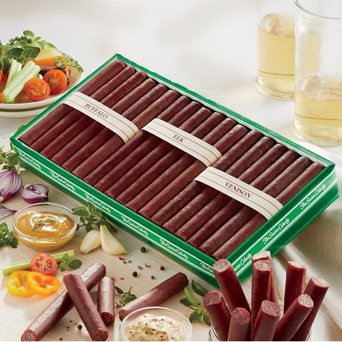 The Swiss Colony Wild Game Meat Sticks Gift Box - Includes Buffalo, Elk, and Venison Blended with Beef and Pork