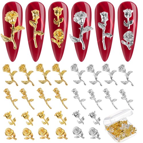 UHOMENY 50PCS 3D Gold Silver Rose Nail Charms, Flower Rose Golden Metallic Mini Alloy Nail Art Decals DIY Nail Accessories Studs for Women Girls Salon Nail Manicure Craft Jewelry Making with Box