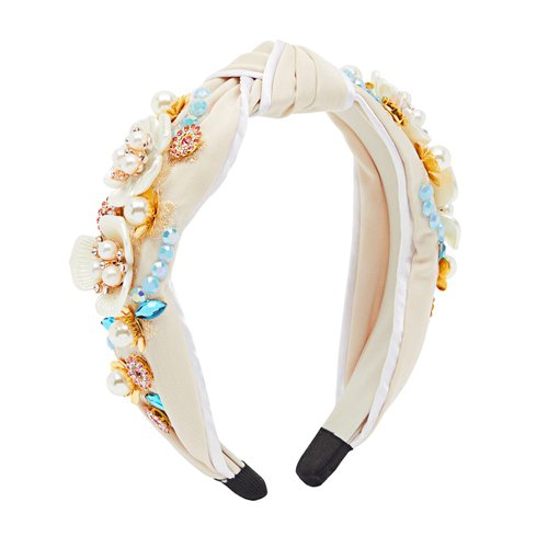 Glamlily Twisted Knot Jeweled Headband for Women, Beaded Floral Design (6 In, Cream Color)