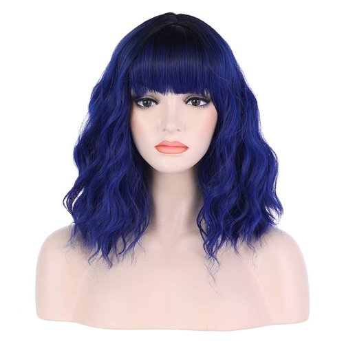 incohair Ombre Wig Blue Wigs 14 inches Black to Dark Blue Ombre Wigs 2 Tones Color Short Curly Bob Wig with Bangs Synthetic Cosplay Party Daily Wigs Wig Cap Included (Ombre Dark Blue)