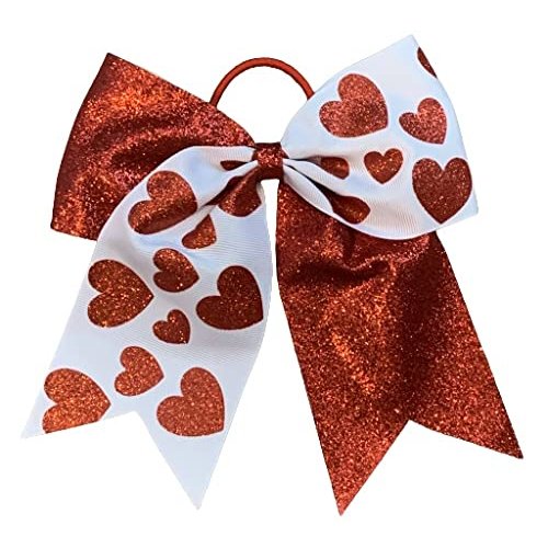 NEW "GLITTER Hearts" Cheer Hair Bow Pony Tail 7 Inch Girls Cheerleading Practice Games School Uniform Hairbow Valentine's Day Red Hearts Grosgrain Ribbon