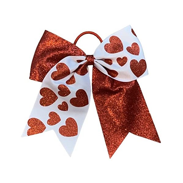 NEW "GLITTER Hearts" Cheer Hair Bow Pony Tail 7 Inch Girls Cheerleading Practice Games School Uniform Hairbow Valentine's Day Red Hearts Grosgrain Ribbon