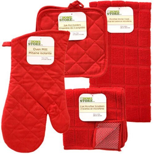 The Home Store Red Windowpane Pattern Kitchen Linens Collection: Set includes: 1 Pot Holder 2 Pot Holders 1 Kitchen Towel 2 Microfiber Scrubbers (6 Items Total)