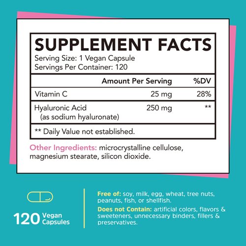 Gutcha Hyaluronic Acid, Ultra Strength with Vitamin C, Low Molecular Weight, High Stability & Bioavailability, Anti-Aging Formula for Joints, Skin & Eyes, Vegan, Once Daily, Non-GMO, 120 Caps