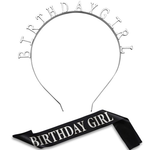 Zonon Birthday Headbands, Satin Sash, and Tiara Crown for Girls Women Party Supplies (Silver Style)