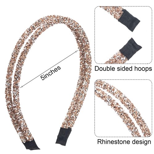 PAGOW 3pcs Double Crystal Side Hair Band, Rhinestone Diamond Vintage Turban Thin Hair Bands Hair Hoops Accessories for Women Girls (Black + Silver + Champagne)