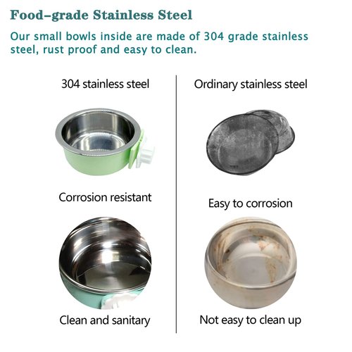 Tfwadmx Crate Dog Bowl Cat Removable Stainless Steel Food and Water Feeder Hanging Cage Bowls Coop Cup with Cleaning Set for Pet Puppy Bird Rat Guinea Pig Ferret Bunny Rabbit 2Pcs