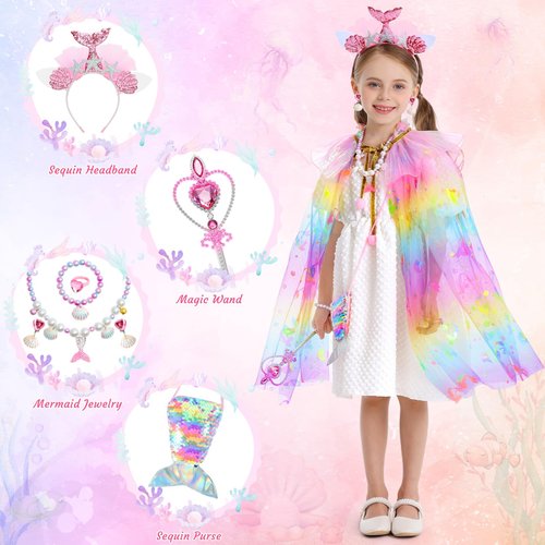 Hapgo Mermaid Toys Princess Dress up Clothes for Girls 4-6, Mermaid Cape for Girls, Princess Costume Birthday Halloween Christmas Gift Toys for Girls