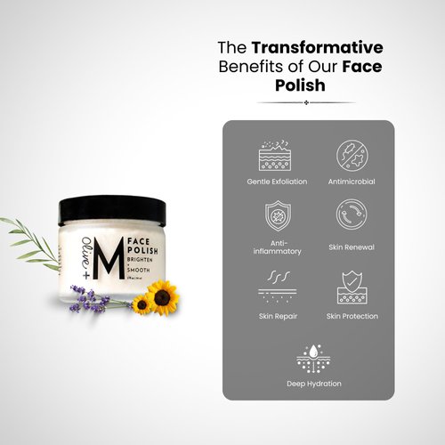 Olive + M Organic Face Polish, Face Scrubber, Face Exfoliator Scrubber, Facial Mask, Blackhead Remover for Face - Complete Facial Skin Care, Personal Care and Spa Essential, Vegan (2 fl. oz. / 59 ml)