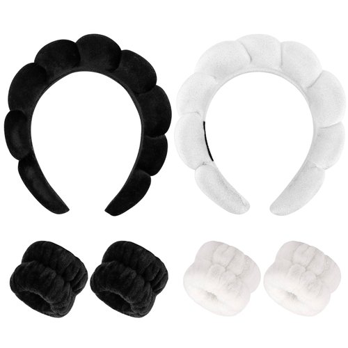 VELSCRUN 6 Pcs Spa Headband for Wash Face Makeup, Facial Skincare Headbands, Black White Velvet Puffy Sponge Hair Band Bow Tie Bubble Spa Headband Wristband Set Women Girls Hair Accessories Gifts