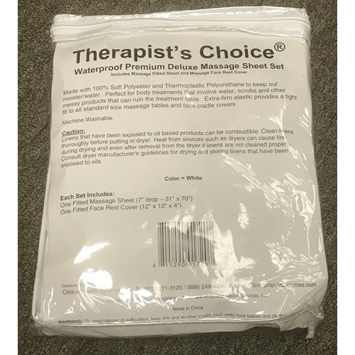 Therapist’s Choice® Waterproof Massage Sheet 2pc Set, Machine Washable, Includes Fitted Sheet & Fitted Face Cover (Massage Table Not Included) (White)