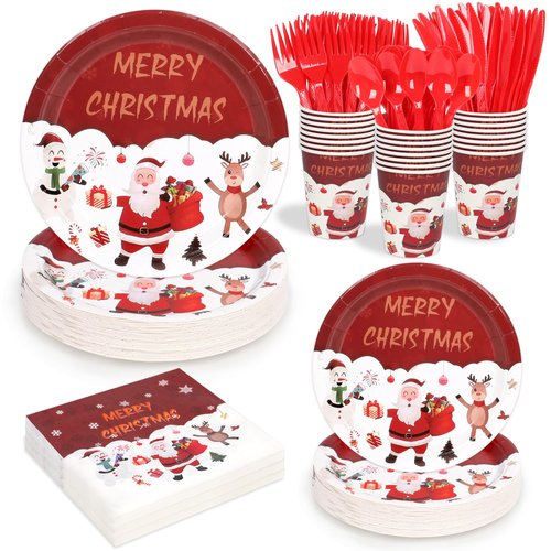 168 Pcs Christmas Paper Plates and Napkins Sets Santa Claus,Reindeer,Snowman Disposable Dinner Tableware Set With 7" Plates,9" Plates,Napkins,Cups & Knife & Fork&Spoon Party Supplies Serve 24 Guests