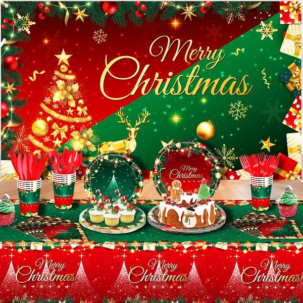 Red Green Christmas Party Supplies Tableware Set Includes Merry Christmas Paper Plates Napkins Glitter Christmas Tree Banner Backdrop Snowflakes Tablecloth for Christmas Party Decorations Serves 16