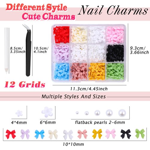 3D Bow Charms for Nails Cute Butterfly Nail Charms Mixed Colors Bows Style and Wihte Flatback Pearl Nails Petal,for Manicure DIY Nail Art Design Jewelry Decoration