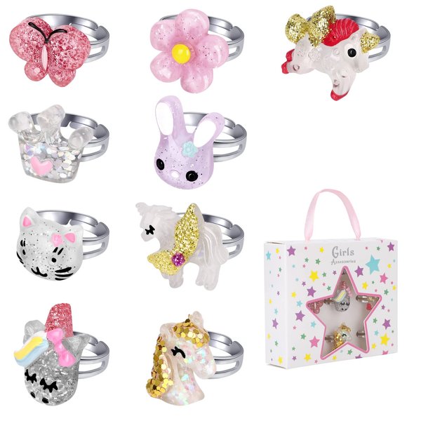 BGSHEMNI Little Girl Jewel Rings in Box, Adjustable Rings for 3-10 year old girl birthday gifts, Play Jewelry for Little Girls, Adjustable Rings