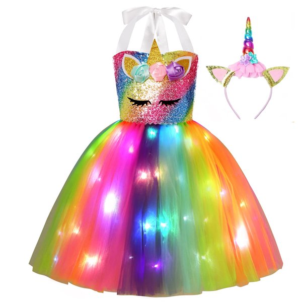 Gigoitly Unicorn Dress for Girls Sequin Unicorn Costume with LED Lights for Halloween Birthday Party Decorations