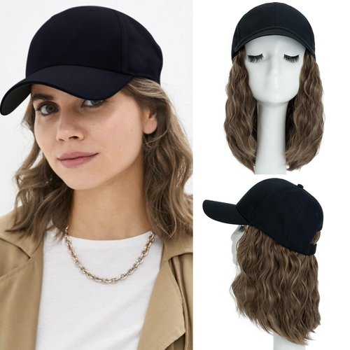S-noilite Baseball Cap Wig with Hair Extensions 8" Short Curly Wavy Bob Hairstyle Adjustable Hats with Hair Attached for Women Synthetic Highlight Balayage Wavy Bob Hat Wig(#10P22T-Brown Mix Blonde)