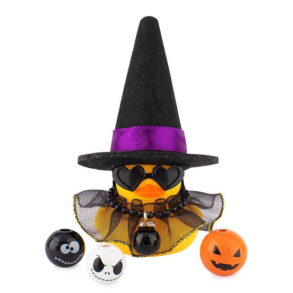 wonuu Halloween Rubber Duck Witch Duck Car Decorations Halloween Accessories Witch Hat Pumpkin Skull and Cloak, Black Skirt with Gold Rim