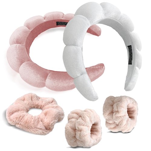 ApaLux Skincare Headband Set for Women - Pink &amp; White Face Wash Headband, Absorbent Wristbands an...