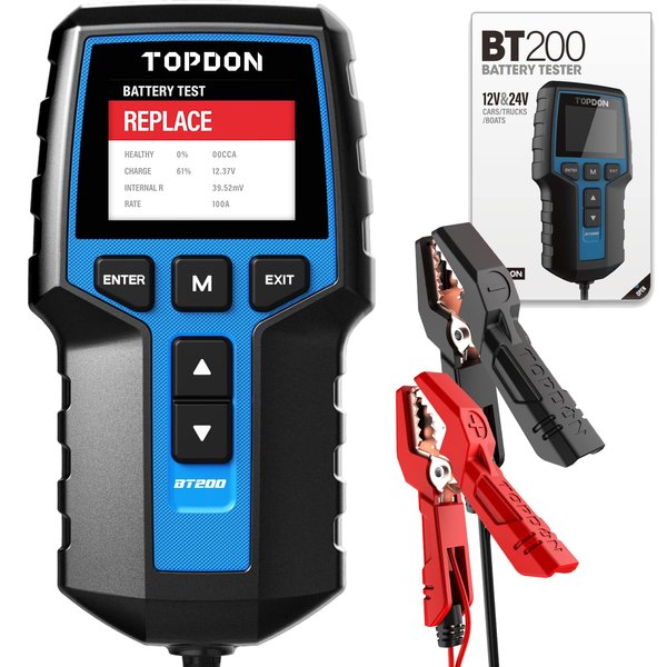 Car Battery Tester 24V 12V Load Tester, TOPDON BT200 100-2000CCA Automotive Alternator Tester Digital Auto Battery Analyzer Charging Cranking System Tester for Car Truck Motorcycle ATV SUV Boat Yacht