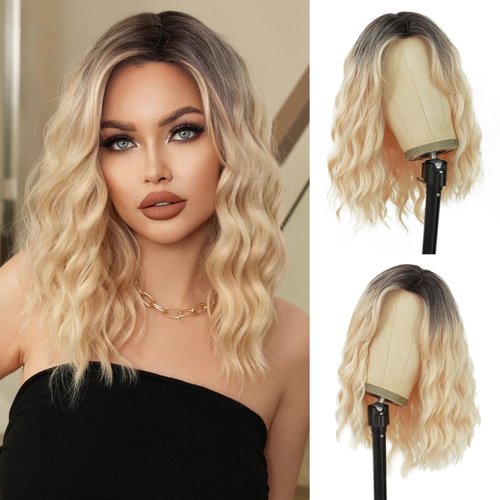 7JHH WIGS Long Wavy AshBlonde Ombre Wigs Natural Heat Resistant Fiber Synthetic SidePart Middle Length Wavy Wigs with Dark Roots Women Girls Wigs for Holiday Festival Chrismas Daily Party Daily Used