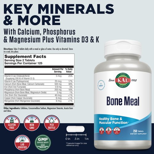 KAL Bone Meal Tablets, Calcium Supplement w/Magnesium, Vitamin D3 and K, Bone Health, Muscle and Nerve Function Support, Rapid Disintegration, Gluten Free, Non-GMO, 60-Day Guarantee, 125 Serv, 250ct