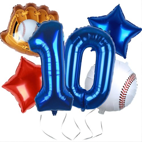 Kwuz Baseball Balloons 10th Birthday Decorations for Boys | Baseball Birthday Decoration Sports Theme Party Supplies, 32Inch Foil Mylar Number 10 Balloon Navy Blue Red White Sports Balloon Arch Kits