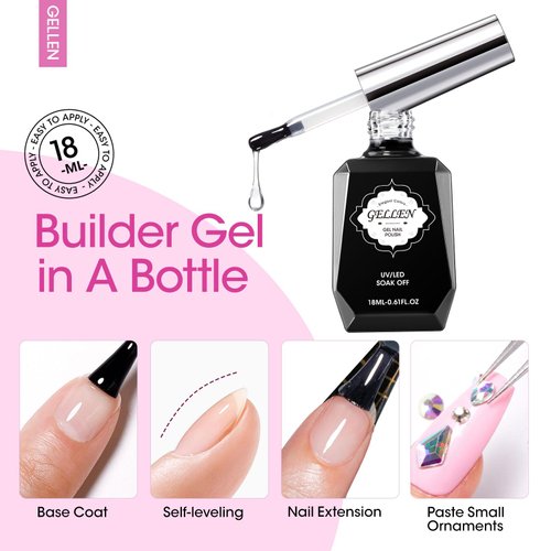 Gellen Builder Nail Gel with Gel Top Coat Base Coat - 3Pcs 18ml Top Coat Gel Nail Polish Set, Soak Off Hard Builder Gel in A Bottle for Nail Extension Strengthen Manicure Salon at Home