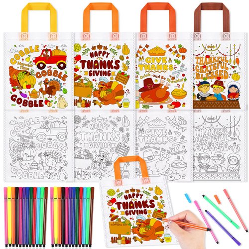 HOWAF 12pcs Thanksgiving Holiday Coloring Goodie Bags with Paint Pens for Kids, Give Thanks Coloring Candy Bags Turkey Day Coloring Gift Bags, Thanksgiving Reusable Canvas Bag Party Favors Coloring