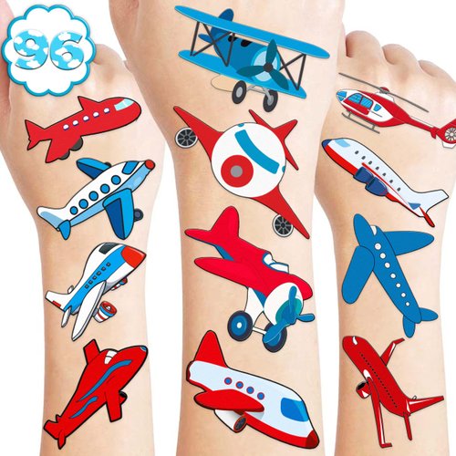8 Sheets (96PCS) Airplane Temporary Tattoos Theme Birthday Party Supplies Jet Party Decorations Favors Tattoo Stickers for Kids Boys Girls Gifts Classroom School Prizes Rewards