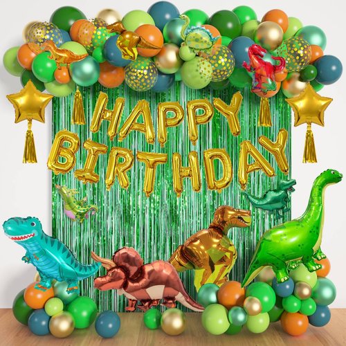 Dinosaur Birthday Party Decorations Supplies, 125Pcs Dinosaur Green Orange Blue Balloons Garland Arch Kit Happy Birthday Dino Foil Balloon Curtain for Kids Boys Dino Jungle Safari Baby Shower Party