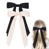 Satin Bow Hair Clips for Women, Silkly Satin Black Beige Hair Ribbon Bow with Long Tail Hair Accessories for Girls (Black Beige)
