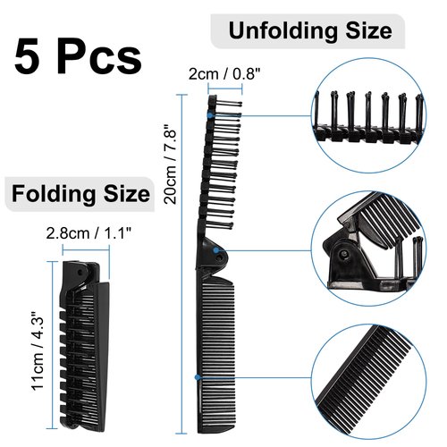 uxcell 5 Pcs Plastic Folding Hair Brush, Black Double Headed Hair Straight Combs, Foldable Anti-Static Hair Fine Teeth Comb for Women Men,Travel Hairdressing Tools for Cutting,Home,Barber