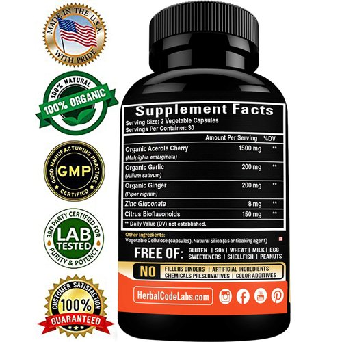 Natural Vitamin C from Organic Acerola Cherry - High Absorption - with Garlic Ginger & Citrus Bioflavonoids - Immune System & Collagen Booster - Anti Aging Skin Vitamins