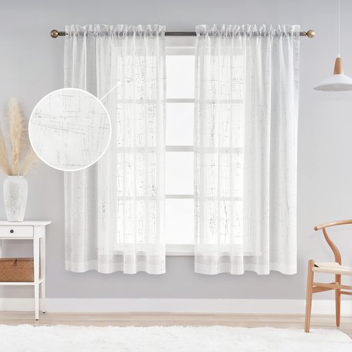 AUFENLLY White Sheer Curtains 63 Inch Length 2 Panels - Embossed Metallic Gold Foil Printed Geometric Pattern Faux Linen Modern Semi Sheer Curtains for Bedroom Living Room 54 x 63 Inch 2 Panels