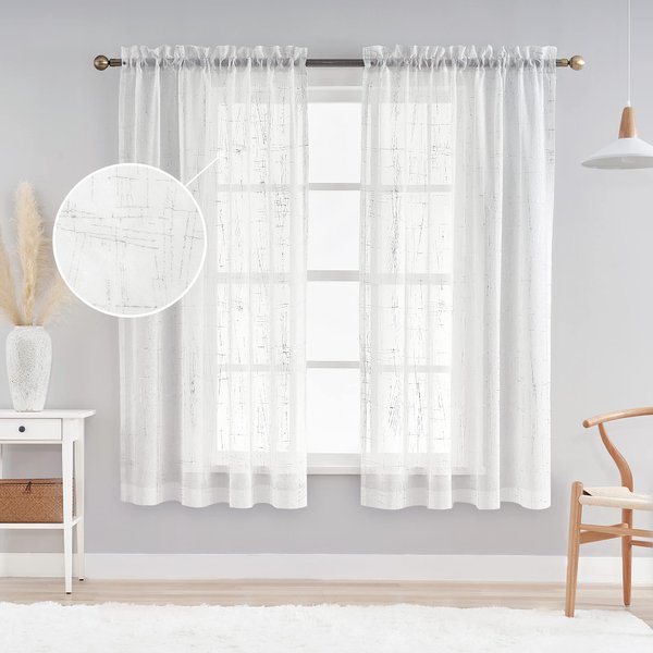 AUFENLLY White Sheer Curtains 63 Inch Length 2 Panels - Embossed Metallic Gold Foil Printed Geometric Pattern Faux Linen Modern Semi Sheer Curtains for Bedroom Living Room 54 x 63 Inch 2 Panels