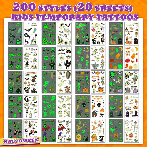 200 PCS Halloween Temporary Tattoos,Glow Halloween Tattoos for Kids, Waterproof Kids Temporary Tattoos, Fun Halloween Party Favors Game Supplies, Trick or Treat Gifts for Kids Boys and Girls
