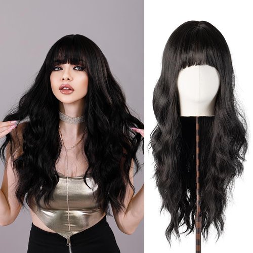 Le Opeia Black Long Wavy Curly Wigs for Women Like Human Hair Natural Wig 26 Inch Made with Premium Materials for Daily Party Cosplay (Natural Black)