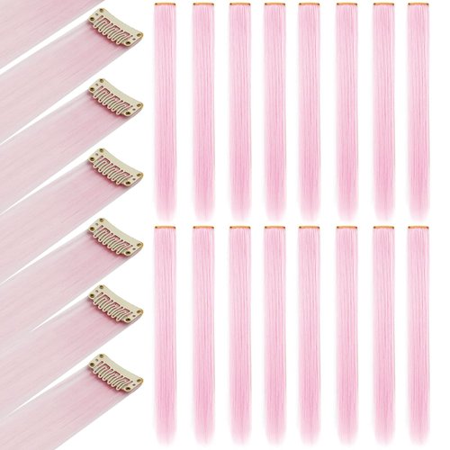 ZHIRXIN 14 PCS Colored Clip in Hair Extensions 21 Inch Colored Long Straight Hairpieces Clip in Synthetic, Halloween Cosplay Dress Up Fashion Party Christmas New Year Gift for Girls（Light Pink）