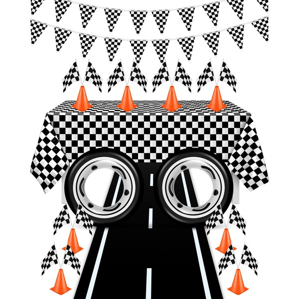 Race Car Party Birthday Supplies, 2x16ft Racetrack Floor Running Mat, Racetrack Tablecloth, Checkered Pennant Banner, 12 Checkered Flags with Sticks, 8 Mini Orange Traffic Cones for Racing Party Decor