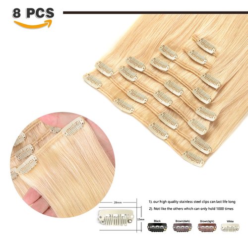 18" Remy Clip in Hair Extensions Human Hair Blonde for Women Beauty - Long Silky Straight 8pcs 20clips Real Hair Extensions Clip in Human Hair (18 inch 100g #613 Bleach Blonde)