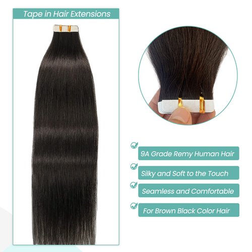 Tape in Hair Extensions Remy Human Hair Dark Brown Tape in Extensions for Thin Hair Invisible Seamless Straight Tape in Color #2 Brown Real Human Hair Extension 16 Inch 50g 20pcs