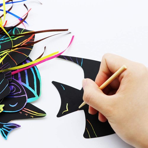 Scratch Art Card – Sea World Theme DIY Birthday Party Supplies Favor - Rainbow Color Scratch Art With Wooden Styluses Ribbon – Shell Dolphin Starfish Tortoise Classroom Ornaments Craft Kit (48 Pack)1