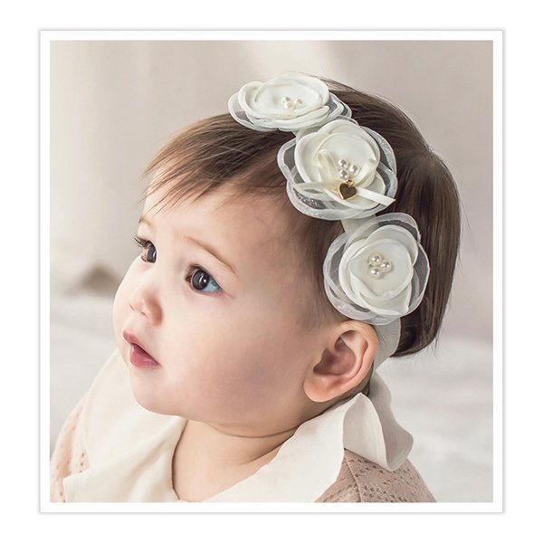 Quizzhe Baby Girls Pearl Floral Headband Soft Breathable Lace Flower Hairband Infant Baptism Christening Beanie Cap Newborns Hairband for Toddlers Baby Birthday Gifts (White)