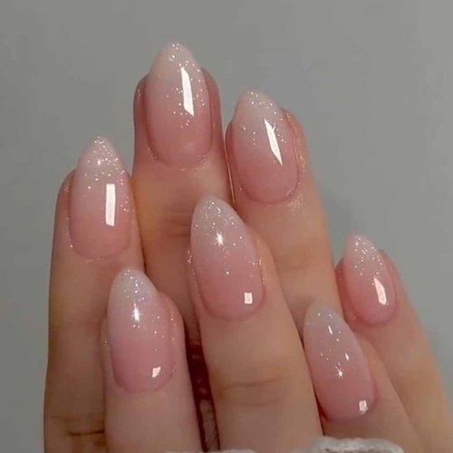 Foccna Pink Press on Nails Short, Luxury Fake Nails Amlond Acrylic False Bling Gradient Nails, Artificial Nails for Women and Girls,24pcs