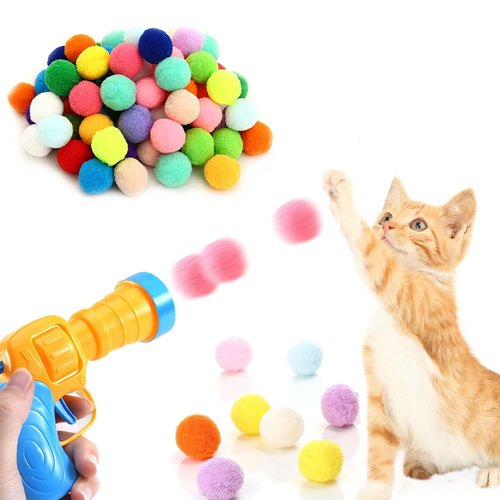 Niliva Cat Toy Ball Launcher, 100PCS 1.18 inch Plush Pompom Balls and 1 Cat Ball Toy Launcher, Interactive Kitten Toys for Indoor Cats, Colorful Soft Cat Balls, Great for Training, Play and Hunting