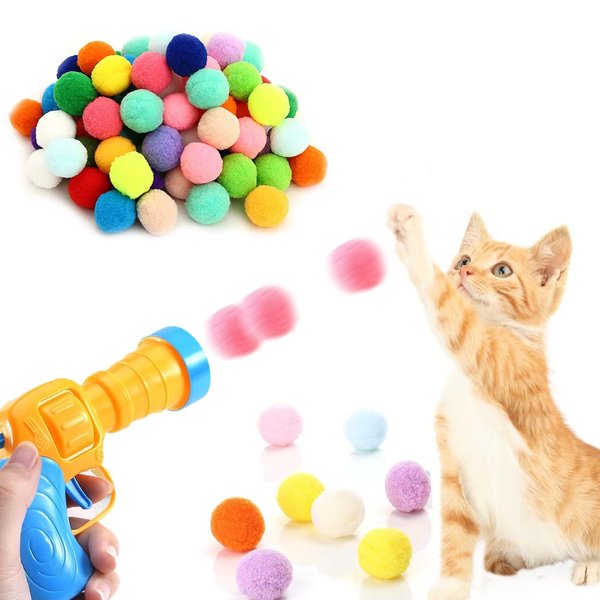 Niliva Cat Toy Ball Launcher, 100PCS 1.18 inch Plush Pompom Balls and 1 Cat Ball Toy Launcher, Interactive Kitten Toys for Indoor Cats, Colorful Soft Cat Balls, Great for Training, Play and Hunting
