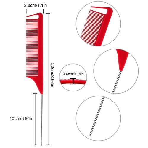 Patelai 12 Pcs Parting Comb for Braids Bulk, Rat Tail Comb for Parting Stainless Steel Pintail Comb Teasing Combs Braiding Comb Pressing Comb for Hair Styling Hairdressing Hair Salon Home(Red)