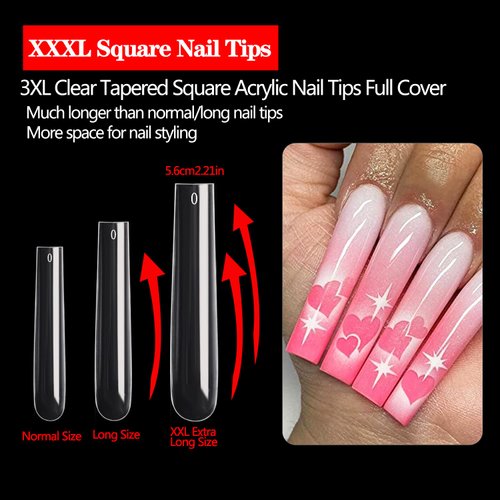 600PCS Square Nail Tips Full Cover, 3XL Clear Nail Tips for Acrylic Nails Professional, XXXL Full Cover Nail Tips No C Curve, Extra Long Tapered Square Fake Nails for Salons Home DIY Nail Art 12 Sizes